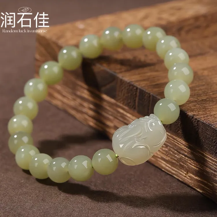 天然新疆和田玉貔貅手链男女同款招财转运湖水绿青玉圆珠手串单圈