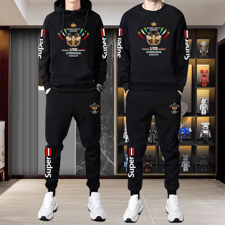 秋冬卫衣套装圆领运动休闲连帽加绒加厚时尚潮流青少年学生两件套