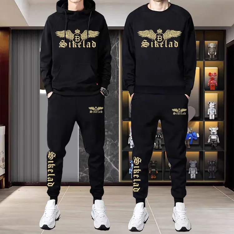 秋冬男士卫衣连帽运动休闲套装加绒加厚长袖长裤宽松圆领两件套潮