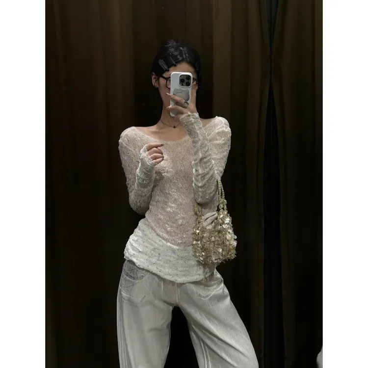 3275-新款大露背满钻设计U领修身显瘦微透百搭上衣