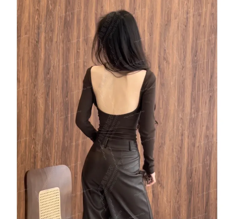 2896-（带胸垫）视频里长款大U领设计简约基础百搭背心上衣