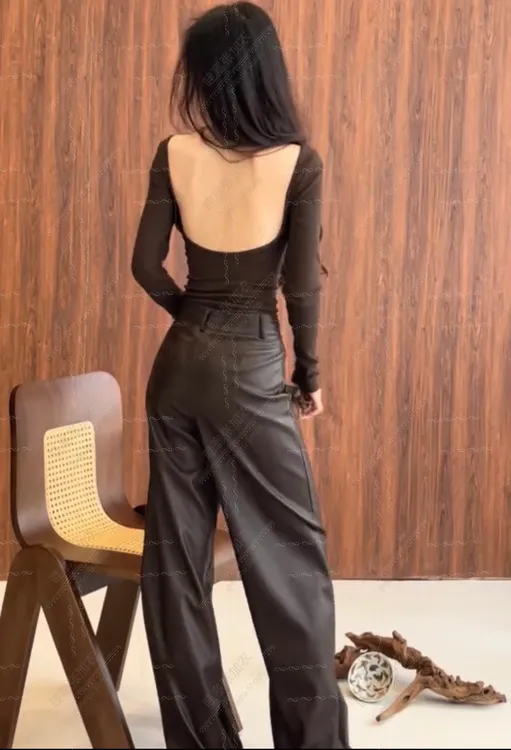 1072-经典款高腰设计显瘦高级感百搭直筒阔腿皮裤