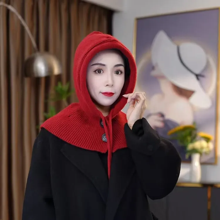 针织克拉克拉法帽带纽扣女秋冬季韩版保暖护耳包头帽