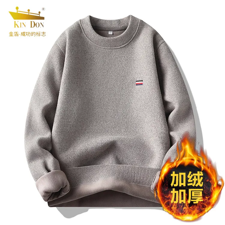 金盾冬季加绒一体绒圆领毛衣男加厚保暖上衣雪尼尔针织衫男套头衫