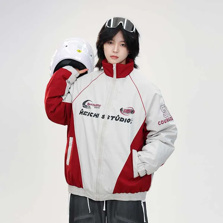 黑迟美式复古撞色印花立领机车男潮牌秋冬新款宽松休闲棉服外套