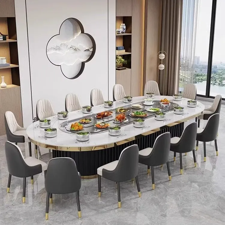 火锅桌组合旋转一体高端椭圆形高档全套可定制餐厅桌椅酒店餐桌椅