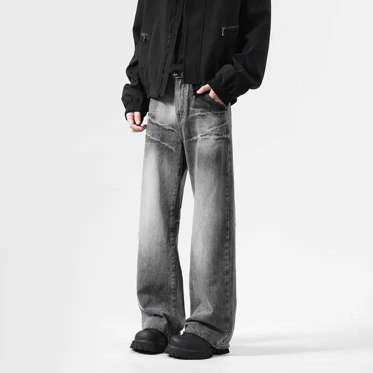黑色渐变牛仔裤男2024秋季美式vibe水洗宽松直筒裤闪电纹复古长裤