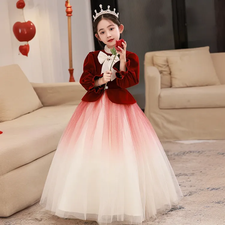 女童晚礼服轻奢高端红色儿童生日公主裙婚礼主持人女童裙子秋冬款