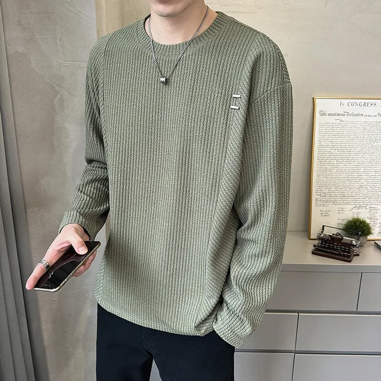 圆领长袖t恤男士春秋季潮牌肌理感休闲秋款上衣潮流帅气宽松体恤