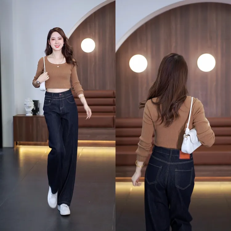 丹宁不掉色黑色窄版阔腿裤女秋冬新款宽松高腰牛仔裤显高显瘦百搭