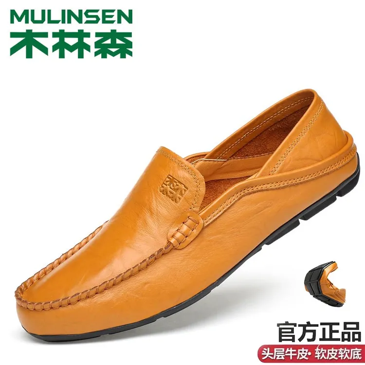 木林森男鞋夏季新款真皮休闲鞋男士软底一脚蹬豆豆鞋大码爸爸鞋子