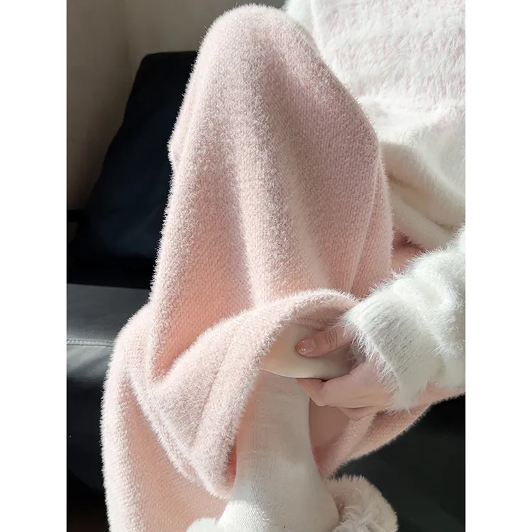 粉色水貂绒针织糯米裤女秋冬新款加绒加厚保暖棉裤休闲窄版直筒裤