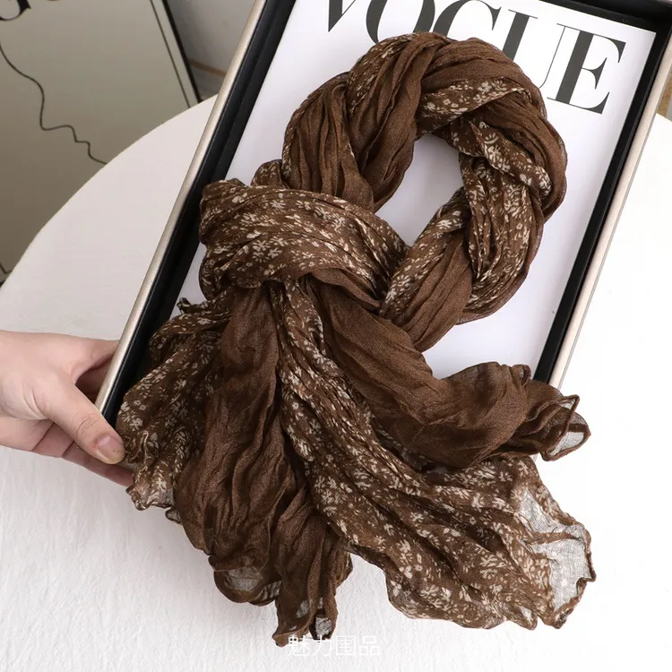 复古舒适柔软棉感褶皱围巾文艺民族围脖秋冬保暖披肩压皱女士丝巾