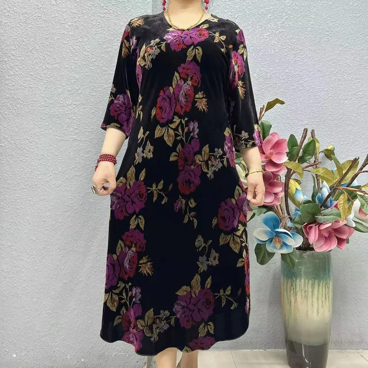 P1-8807加长款紫花灰叶大码妈妈装婆婆装连衣裙