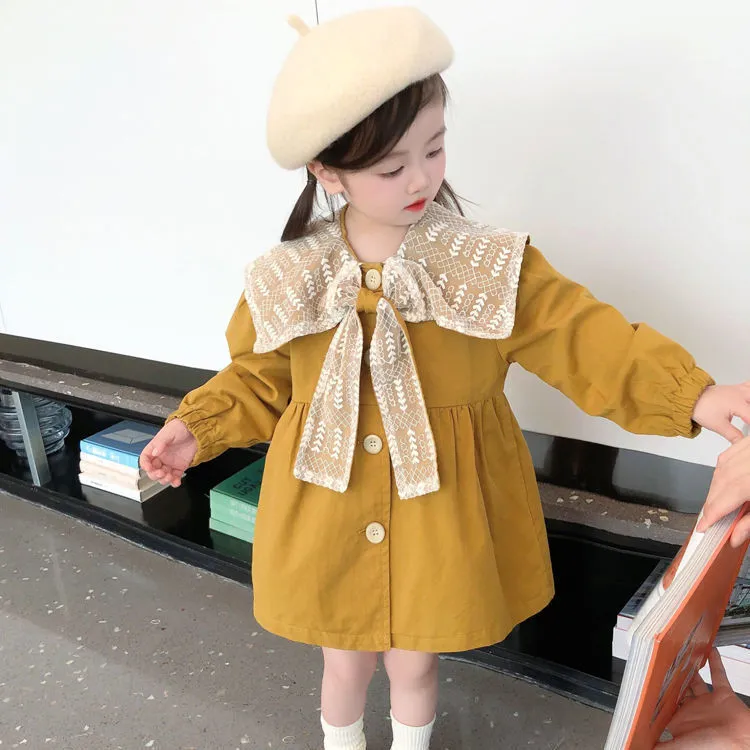 2025春秋季新款女童娃娃领中长款风衣韩版小女孩宽松外套洋气上衣