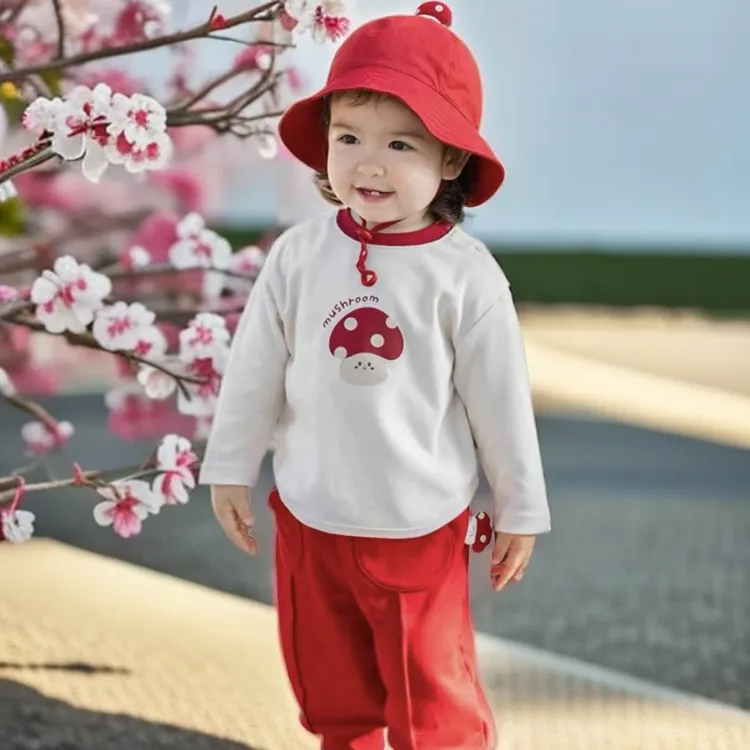 幼蕾女童蘑菇印花打底衫2025春季儿童舒适亲肤柔软弹力休闲T恤潮
