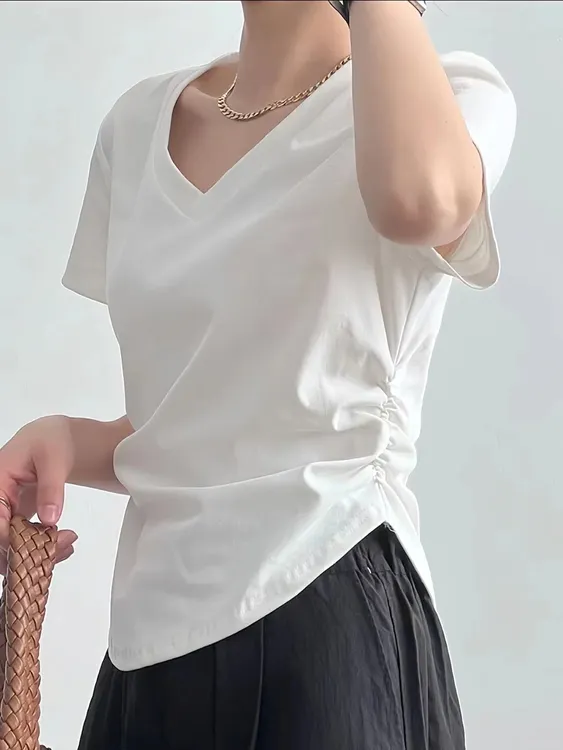 2024新款女短袖开叉显瘦气质修身时尚夏季不规则上衣遮肚子08#