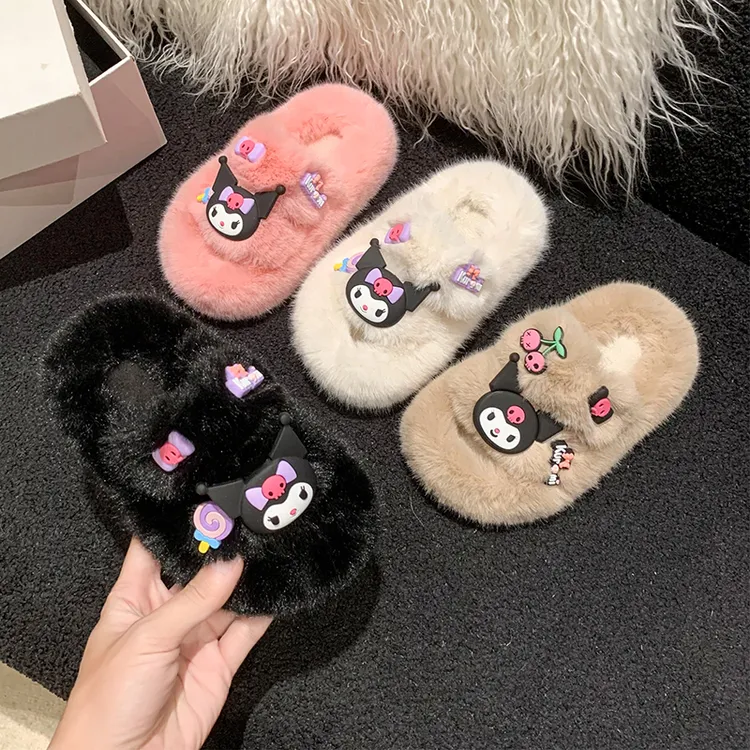 女童棉拖鞋公主女孩室内卡通毛绒保暖外穿毛毛拖网红韩版一字拖鞋