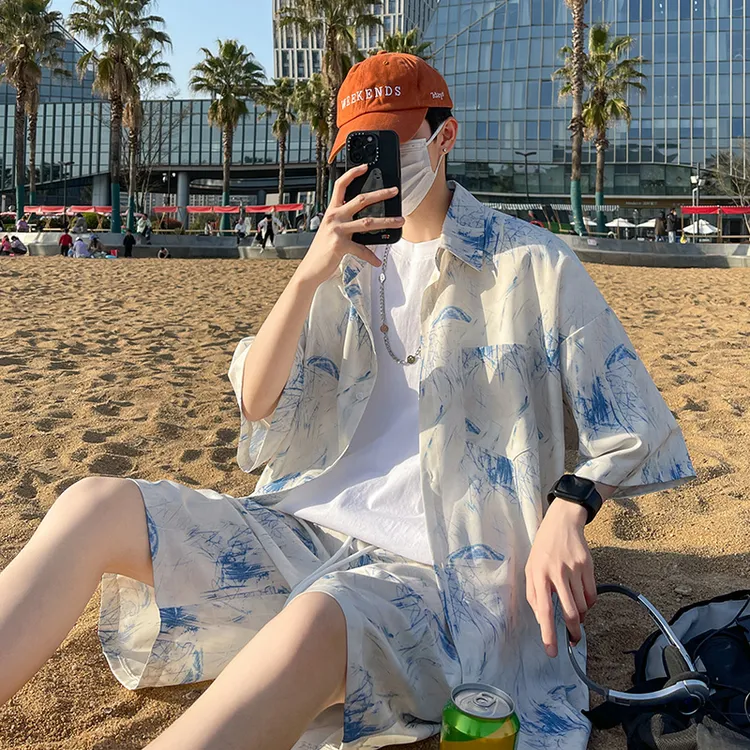 冰丝短袖衬衫套装男士夏季薄款速干可下水三亚海边情侣沙滩花短裤