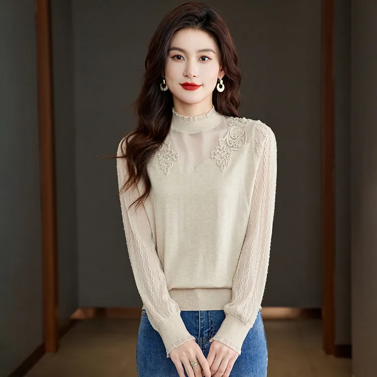 春秋薄款长袖针织衫女短款秋冬2024新款内搭蕾丝打底衫半高领上衣