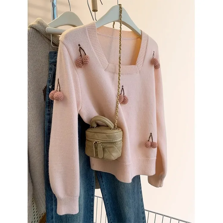 粉色方领毛衣女秋冬冬季加厚甜美高级感小个子正肩内搭针织打底衫