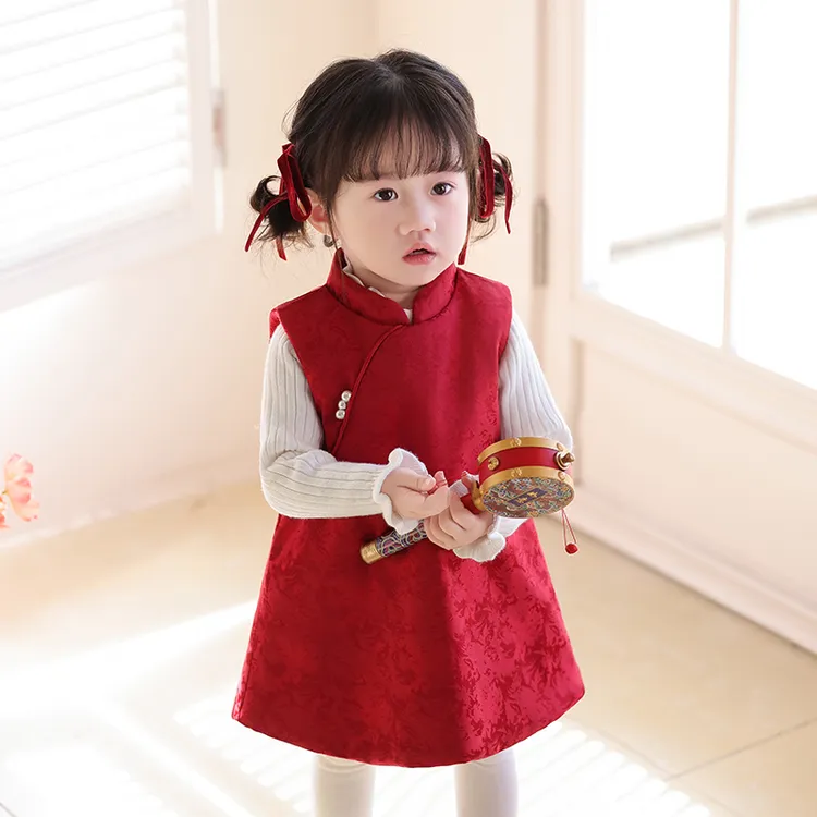 女童拜年服红色套装秋冬国风两件套2025新款周岁女宝礼服旗袍唐装