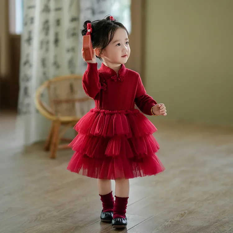 女童圣诞衣服2025冬新年中式蓬蓬纱蛋糕裙红色一周岁生日宴公主裙