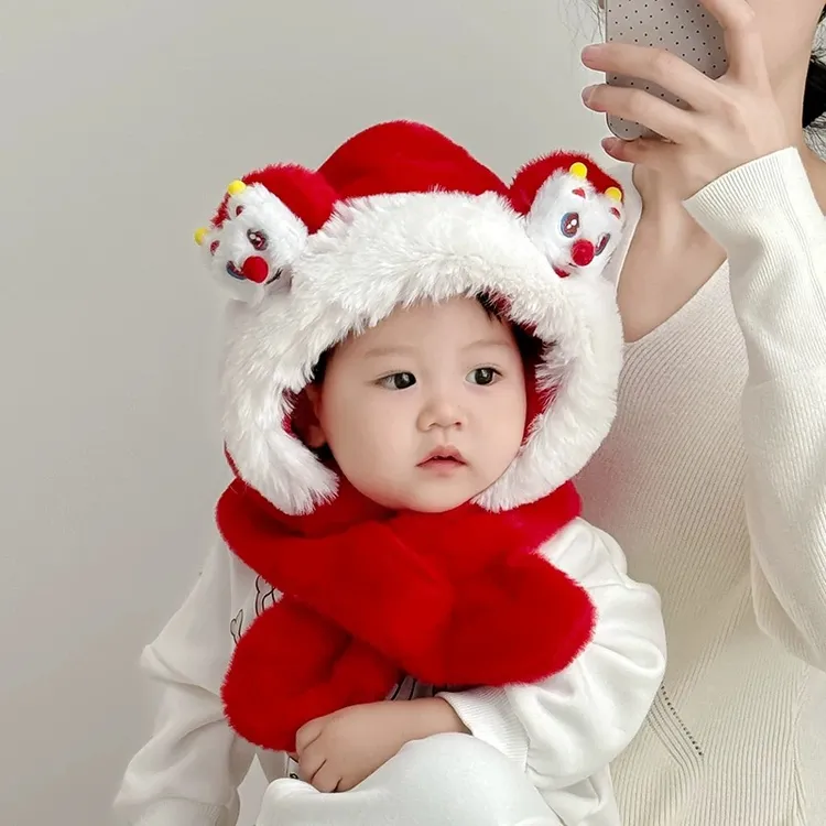 2024新年红色喜庆儿童帽子围巾一体帽男女宝宝保暖加厚护耳毛绒帽