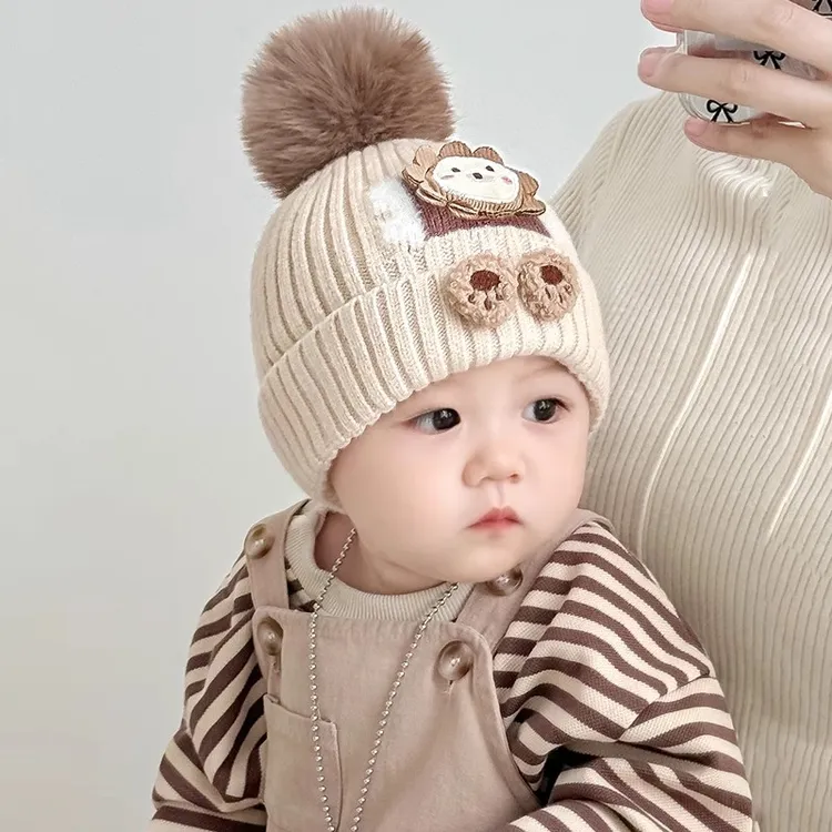 男女宝宝加厚保暖针织毛线帽秋冬季可爱狮子婴幼儿防风护耳套头帽