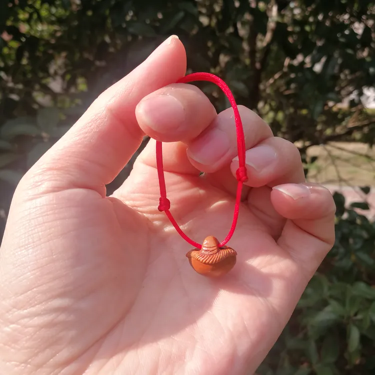 天然桃核手工雕刻元宝桃筐竹节成人通用儿童百天生日礼物红绳端