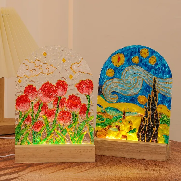 三八节手工diy郁金香手绘玻璃画小夜灯送儿童妈妈材料包生日礼物