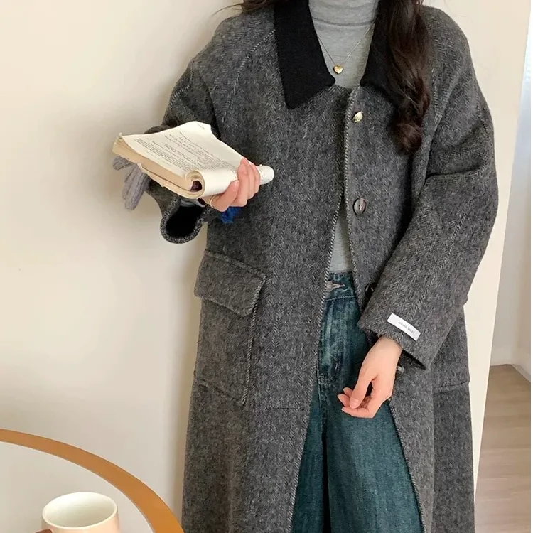 拼接撞色百搭人字纹双面呢大衣24年秋冬爆款宽松外套女