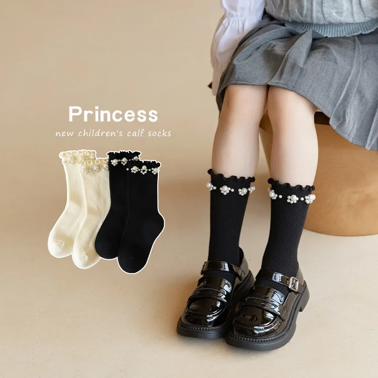 女童袜子精梳棉春秋儿童中筒袜韩版洋气女孩宝宝珍珠木耳边公主袜