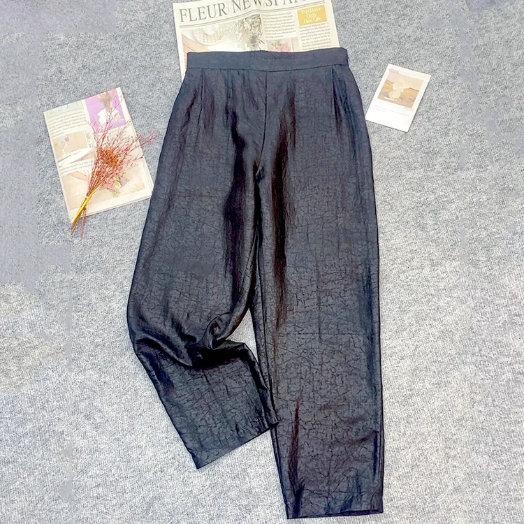 香云纱100桑蚕丝小脚裤老料龟裂纹百搭休闲裤夏季显瘦复古女长裤