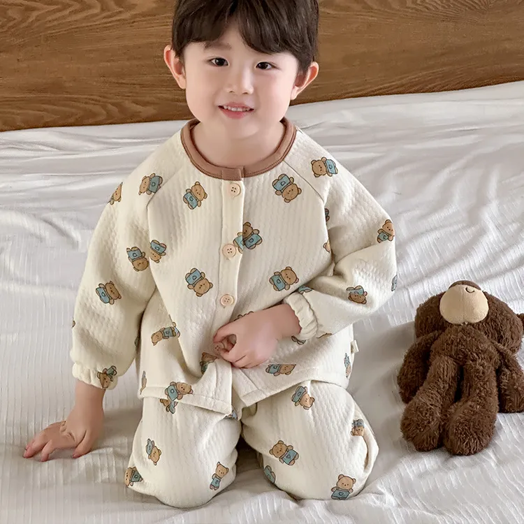 儿童家居服秋冬季加厚夹棉纽扣款宝宝睡衣男女童长袖开衫保暖套装
