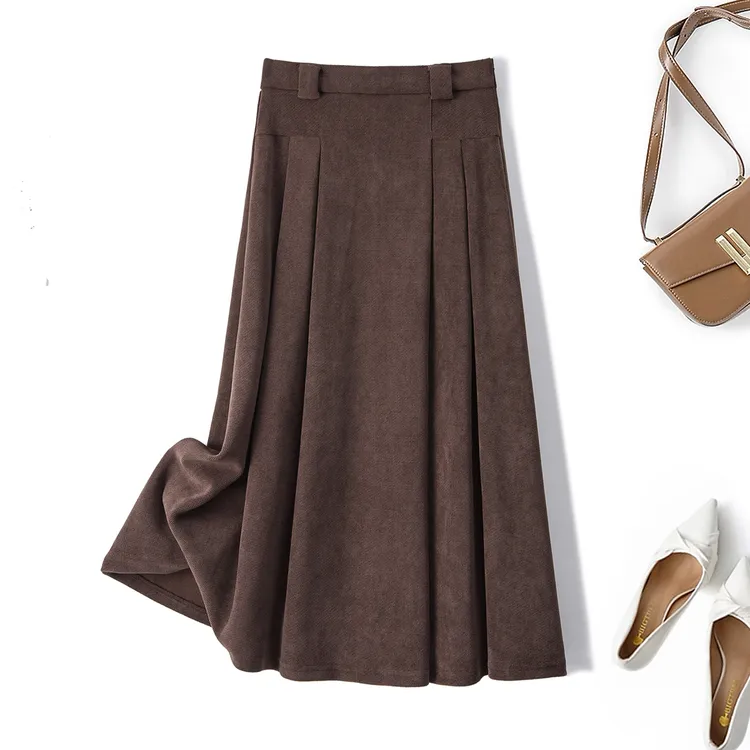 清大码美拉德2025秋季复古高腰半身裙宽松遮肚显瘦压褶A字裙63620