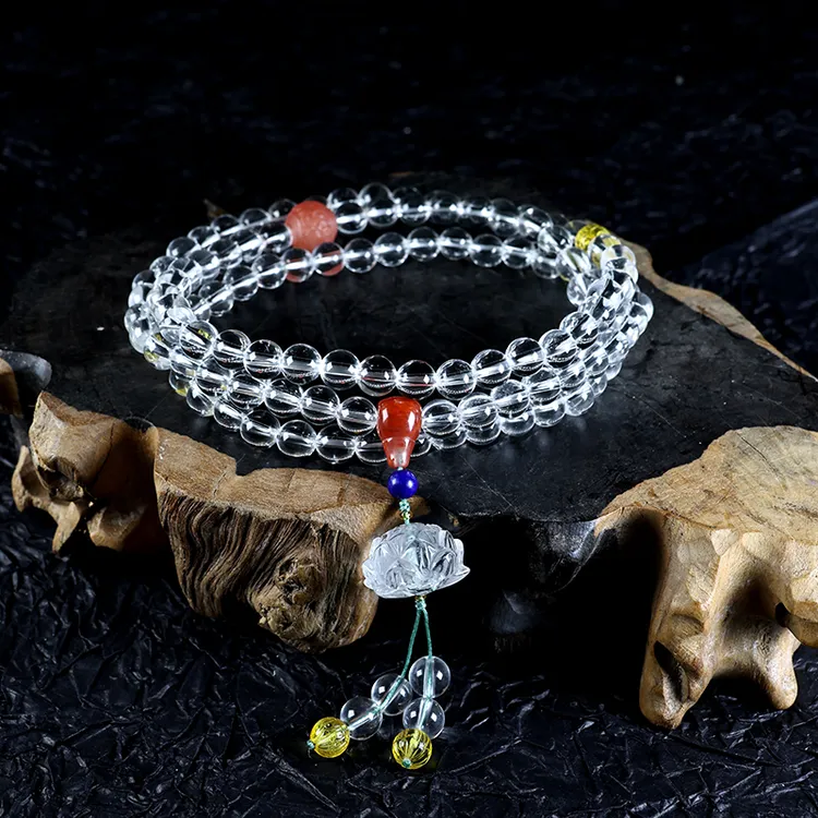 天然正品白水晶时尚简约莲花款式念珠手链男女同款百搭多层精美