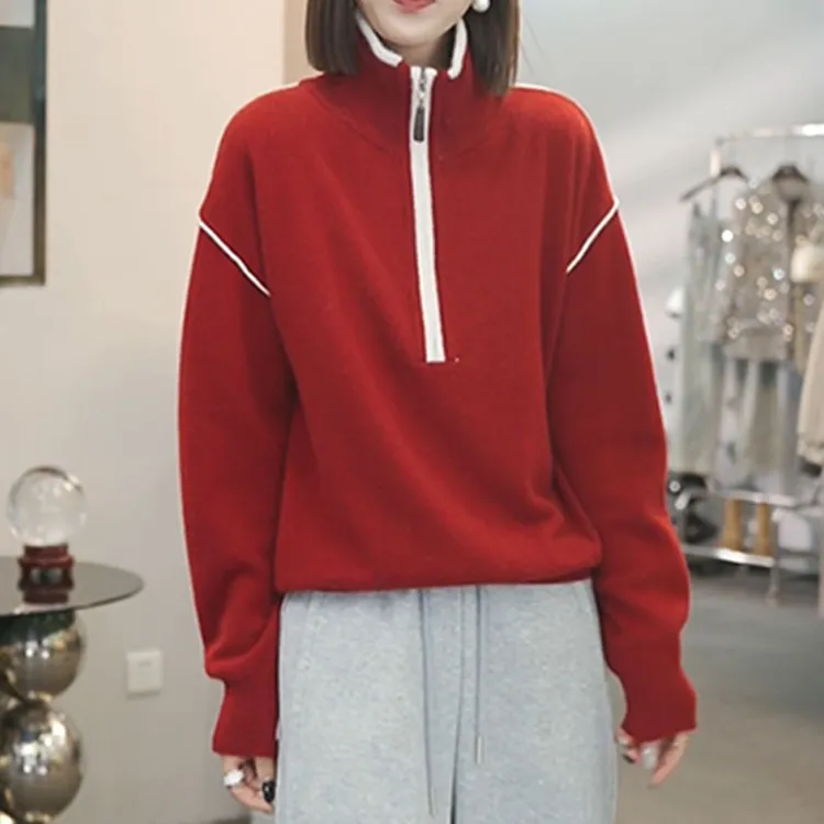 冬季宽松加厚保暖立领针织衫上衣女2024休闲百搭拼色半拉链毛衣