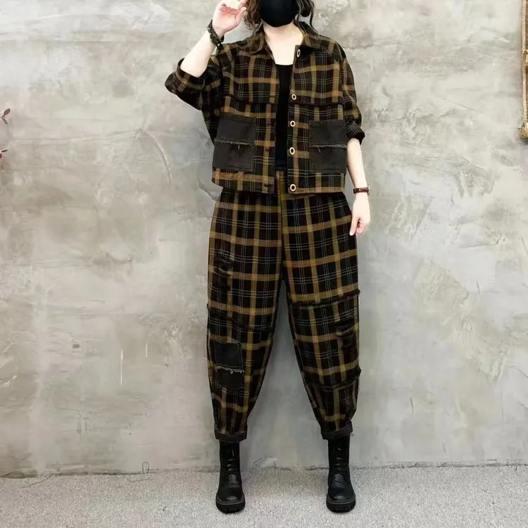 时尚新品春秋外穿爆款牛仔套装不规则图案口袋上衣贴布哈伦长裤子