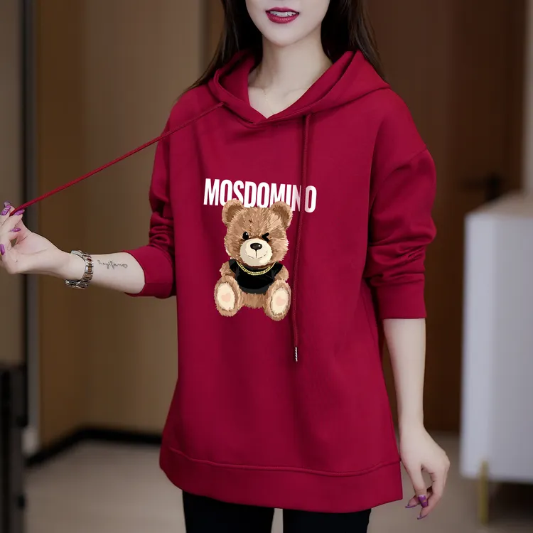 秋冬新款卡通泰迪小熊连帽卫衣女2024年新款大版休闲宽松减龄上衣