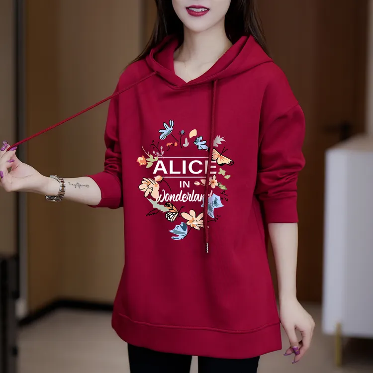 秋冬新款小清新蝴蝶花瓣印花连帽卫衣2024年新款大版休闲宽松减龄