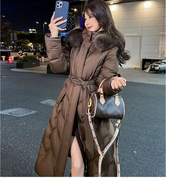 狐狸毛领羽绒服时尚连帽加厚过膝冬季收腰显瘦外套大毛领85622