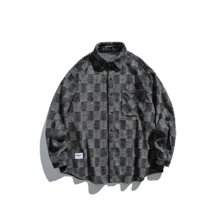 CS782美式复古撞色磨毛格纹衬衫男女情侣长袖毛呢衬衣休闲外套