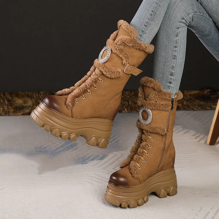 冬季小个子内增高12cm中筒牛皮雪地靴加绒保暖女靴厚底复古雪地靴