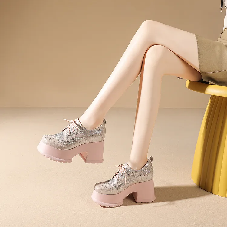 内增高10cm女鞋2023新款厚底粗跟鞋子高跟鞋水钻系带圆头时尚女鞋