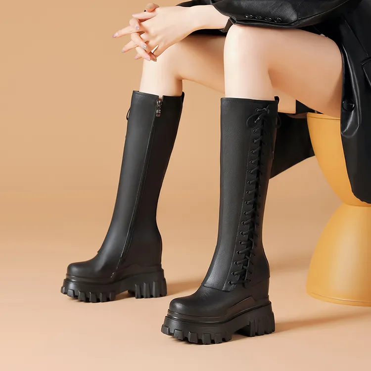 秋冬新款12cm小个子增高时尚真皮高筒靴高端女士厚底增高长筒靴