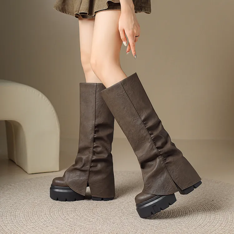 秋冬长靴百搭牛仔靴12cm增高堆堆长筒靴复古厚底骑士时尚美拉德