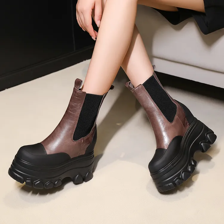 秋冬新款内增高12cm短筒松紧一脚蹬短靴厚底松糕休闲英伦马丁靴女