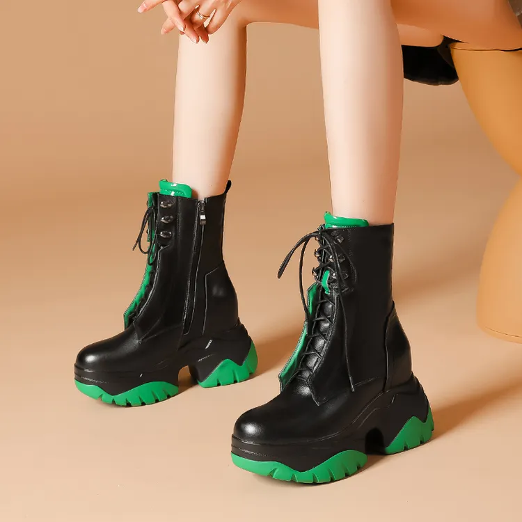 马丁靴女2022秋冬新款10cm松糕底侧拉链中筒靴女前绑带百搭烟管靴