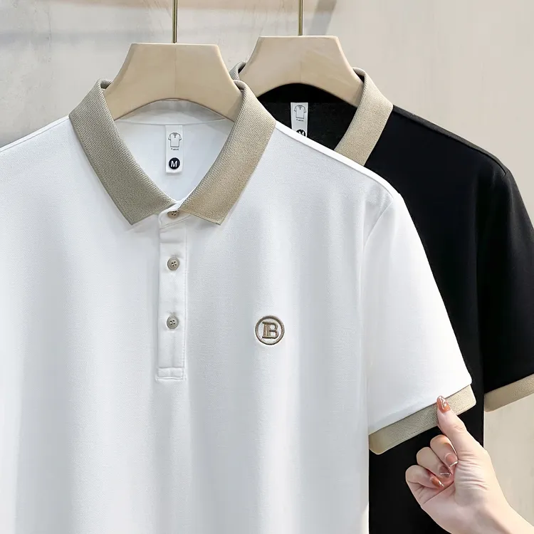 高端冰丝polo衫男短袖夏季痞帅高级感金线撞色保罗男士翻领t恤男